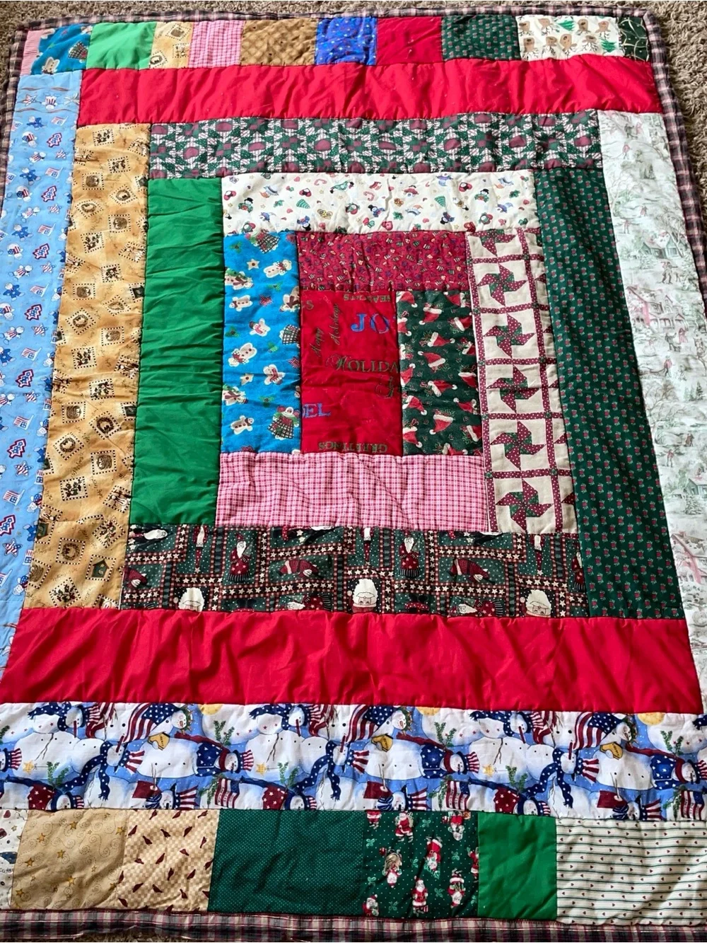 Handcrafted Patchwork Quilt in Red, Green, Blue